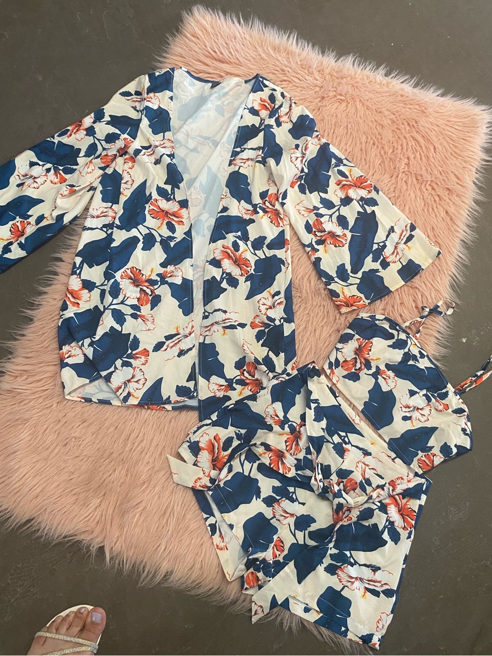 SHEIN Cream Top with Navy Blue Floral Trim